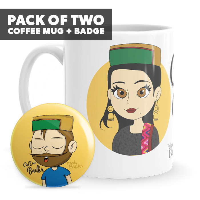 Call Me Badka Badge + Cute Pahadan Mug (Combo)